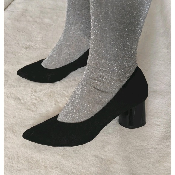 Asos Stardivarius Faux Suede Pointed Toe Black 2 IN Round Block Heel EU 37 US 7 - Picture 1 of 7